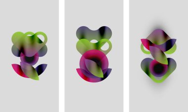 Soyut sanat eserleri. Üç panel üst üste binen renkli şekiller, gradyanlar, yumuşak kenarlar gösteriyor. Minimalist tasarım, hafif arkaplan.