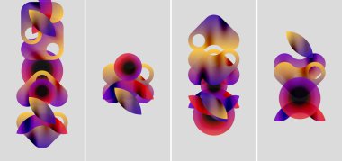 Soyut renkli şekiller örtüşür, canlı kompozisyonlar yaratır. Dört panel sıvı eğimlerini gösteriyor, mor, sarı, kırmızı renkler baskın.