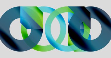 Soyut grafik tasarımı üst üste binen dairesel şekiller. Renkler maviden yeşile karışır ve dinamik görsel efekt yaratır. Modern, minimalist kompozisyon.