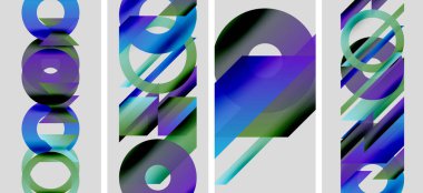 Soyut sanat eserleri. Dört panel üst üste binen daireler, çizgiler, gradyanlar gösteriyor. Mavi, yeşil renkler kompozisyona hakim. Modern tasarım.