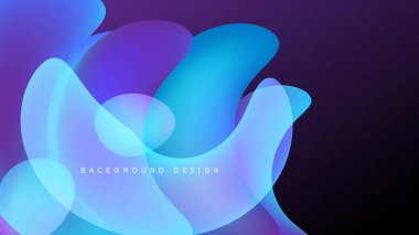 Soyut sıvı şekilleri örtüşür, parlak mavi ve mor renkler yaratır. Koyu arkaplan aydınlığı vurguluyor, modern tasarım estetiği.