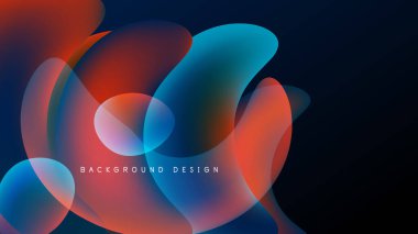 Soyut sıvı şekilleri örtüşür ve canlı renk değişimleri yaratır. Mavi, turuncu renkler koyu arkaplana hakim. Modern tasarım ögesi.