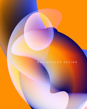 Soyut enerjik şekiller örtüşür, dinamik renkli kompozisyon oluşturur. Turuncu, mavi, mor renkler kusursuz bir şekilde harmanlanır. Modern tasarım ögesi.