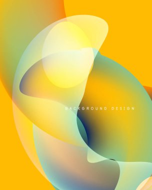 Soyut sıvı şekiller harmanlanarak canlı sarı, yeşil, mavi gradyanlar oluşturur. Yumuşak kıvrımlar hareketi, dinamik bileşimi işaret ediyor. Arkaplan tasarımı ögesi.
