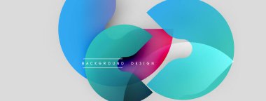 Soyut renkli şekiller çakışıyor. Gradyan renkler dinamik görsel efekt yaratır. Metin elementli minimalist tasarım.