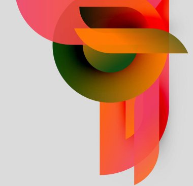 Soyut kompozisyon. Üst üste binen şekiller, dinamik görsel ilgi yaratır. Sıcak renkler baskın gelir, koyu tonlarla zıtlaşır. Minimalist tasarım.