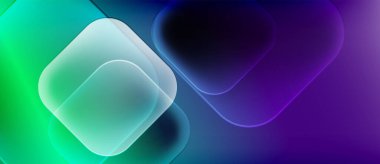 Soyut şekiller canlı turkuazları, mor renkleri harmanlıyor. Yumuşak eğimler parlak, katmanlı bir etki yaratır. Modern tasarım, dijital sanat.