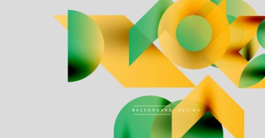 Soyut geometrik şekiller örtüşür, canlı gradyanlar yaratır. Sarılar, yeşiller tasarıma egemen, modern estetik. Arkaplan açık gri görünüyor.