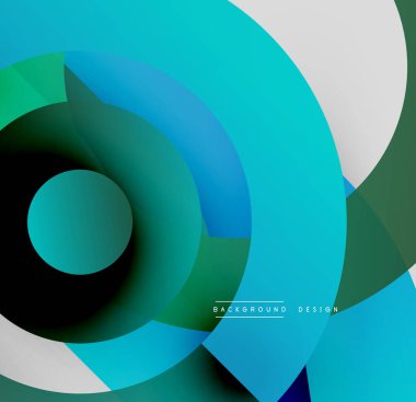 Soyut daireler örtüşüyor, canlı deniz mavisi, mavi, siyah renkler yaratıyor. Modern tasarım derinliği, hareketi, basitliği çağrıştırıyor. Temiz estetik.