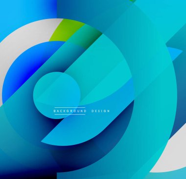 Soyut kompozisyon, üst üste binen daireler, dinamik şekiller, canlı mavi renkler, değişken geçişler. Modern tasarım ögesi.
