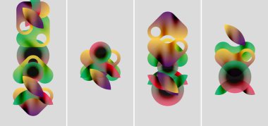 Soyut renkli şekiller örtüşür, canlı kompozisyonlar yaratır. Dört panelde sıvı formları, gradyanlar, modern tasarım.