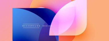 Soyut renkli şekiller çakışıyor. Gradyan renkler modern görsel efekt yaratır. Tasarım özellikleri pembe, turuncu, mavi tonlar.