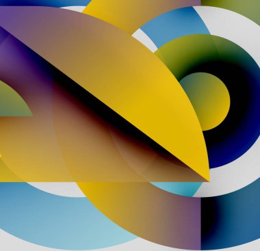 Soyut kompozisyon. Üst üste binen renkli kavisler, daireler dinamik görsel deneyimler yaratır. Gradyan renkler pürüzsüz harmanlanır.