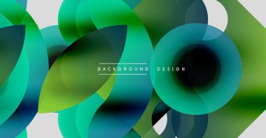 Soyut geometrik şekiller örtüşüyor, canlı yeşil, mavi renkler yaratıyor. Modern tasarım dinamik ve taze hissettiriyor. Arkaplanda metin arkaplan, tasarım.