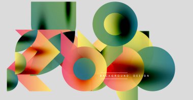 Soyut geometrik şekiller örtüşüyor, canlı renk eğimleri yaratıyor. Modern tasarım elementleri dinamik bileşim, görsel uyum önerir.