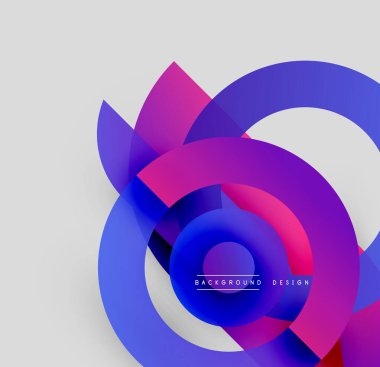 Soyut tasarım katmanlı daireler, canlı mor, mavi renkler içerir. Modern estetik, temiz hatlar, dinamik kompozisyon. Minimalist stil.