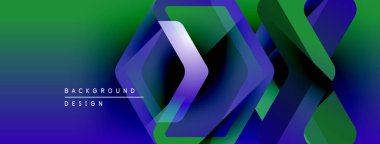 Soyut geometrik katmanlar canlı gradyan arkaplan oluşturur. Modern tasarım üst üste binen şekiller ve havalı tonlar kullanır.