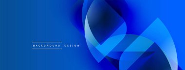 Soyut mavi tasarım üst üste binen şekiller, gradyanlar. Modern estetik, arka planlar ve sunumlar için uygun. Basit metin ögesi mevcut.