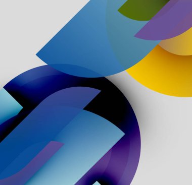 Soyut kompozisyon. Üst üste binen renkli şekiller dinamik görsel efekt yaratır. Maviler, morlar, sarılar dizaynın hakimi. Minimalist estetik.
