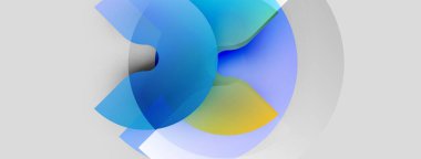 Soyut şekiller üst üste binerek sıvı formları oluşturur. Mavi, sarı renkler baskın, açık gri arkaplanda. Modern tasarım.