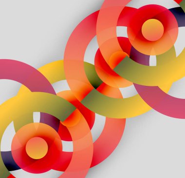 Soyut daireler örtüşüyor, canlı renk eğimleri yaratıyor. Kırmızı, sarı, zeytin tonları kompozisyona hakim. Modern tasarım ögesi.