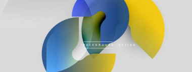 Soyut şekiller örtüşüyor, canlı renk değişimleri yaratıyor. Mavi, sarı, yeşil renkler minimalist kompozisyona hakim. Modern tasarım ögesi.