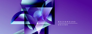 Soyut geometrik şekiller örtüşüyor, canlı mor gradyanlar yaratıyor. Modern tasarım teknoloji, yenilik, gelecek kavramları öneriyor.