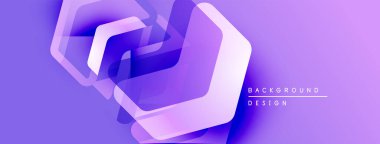 Soyut mor tasarım katmanlı altıgenler içerir. Gradyan gölgeler derinlik yaratır, modern estetik. Mevcut en küçük metin, basit kompozisyon.