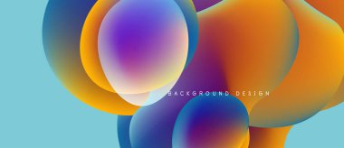 Soyut renkli kabarcıklar çakışıyor ve canlı gradyanlar yaratıyor. Açık mavi arka plan sıcak turuncu ve mor renkleri tamamlar. Modern tasarım ögesi.