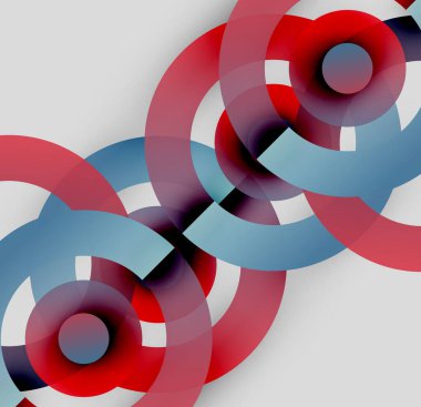 Soyut kompozisyon. Üst üste binen daireler, kırmızı, mavi renkler dinamik görsel efekt yaratır. Minimalist tasarım, modern estetik.