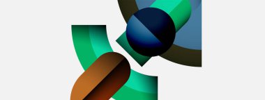 Üst üste binen kıvrımlı şekiller içeren soyut bileşim. Renkler arasında maviler, yeşiller, kahverengiler ve beyaz arka plan yer alıyor. Modern tasarım.