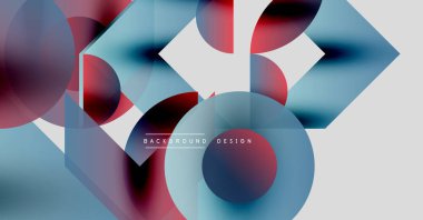Soyut geometrik şekiller çakışıyor. Mavi, kırmızı, beyaz renkler dinamik görsel efekt yaratır. Modern tasarım ögeleri parlak kompozisyon sunar.