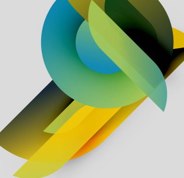 Üst üste binen renkli şekiller içeren soyut bir kompozisyon. Gradyanlar sarı, yeşil, mavi, siyah karışımı dinamik görsel efekt yaratır.