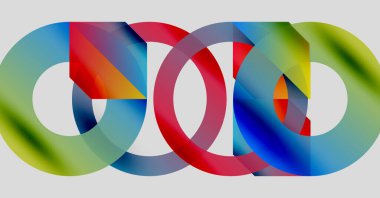 Birbirine kenetlenmiş renkli halkalar sonsuzluk sembolü oluşturur. Gradyan renkler harmanlanarak soyut geometrik tasarımı oluşturur. Modern, canlı kompozisyon.