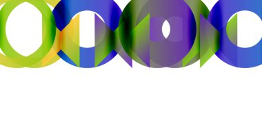 Renkli kesişen daireler soyut desenler oluşturur. Beyaz alan alttaki görüntüye hakim. Parlak renkler sunar.