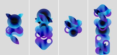 Soyut mavi şekiller çakışıyor, akışkan formlar oluşturuyor. Renkler derinlik, doku ve modern tasarım estetiğini gösteriyor..