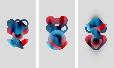 Soyut sanat eserleri. Üç panel üst üste binen şeffaf şekilleri gösteriyor, kırmızı ve mavi renkler baskın. Minimalist tasarım, yumuşak gradyanlar mevcut.