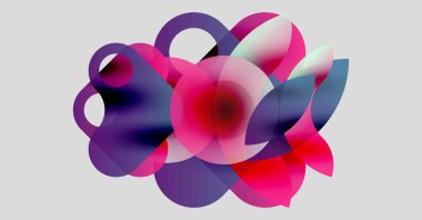 Soyut kompozisyon. Üst üste binen renkli şekiller dinamik çiçek izleri yaratır. Gradyan renkler harmanlanır, canlı görsel deneyimler oluşturur..