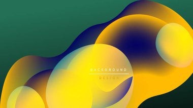 Soyut sıvı şekilleri örtüşür ve canlı renk değişimleri yaratır. Sarılar, maviler, yeşiller koyu arkaplana karışıyor. Modern tasarım ögesi.