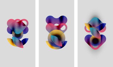 Soyut renkli şekiller örtüşür, dinamik kompozisyonlar oluşturur. Üç panel benzer tasarımları hafif varyasyonlarla gösteriyor. Yumuşak gradyanlar görsellere hakim olur.