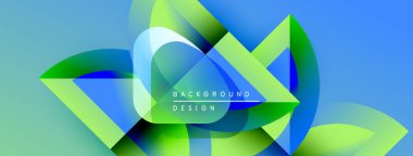 Soyut geometrik şekiller mavi ve yeşil renkleri harmanlarlar. Modern tasarım üst üste binen katmanlar, gradyanlar, metin elementleri içerir. Canlı, dinamik bileşim.