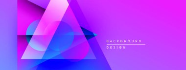 Soyut geometrik şekiller örtüşüyor, canlı mor ve mavi renkler yaratıyor. Modern tasarım ögeleri dijital sanat ve arkaplan kullanımını önerir.