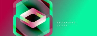 Soyut geometrik tasarım. Üst üste binen katmanlar derinlik yanılsaması yaratır. Canlı renkler, gradyanlar, modern estetik. Dijital projeler için arkaplan ögesi.