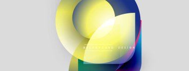 Soyut renkli şekiller örtüşür, dinamik görsel efekt yaratır. Açık sarı baskın, mavi, yeşil aksanlı. Modern tasarım ögesi.