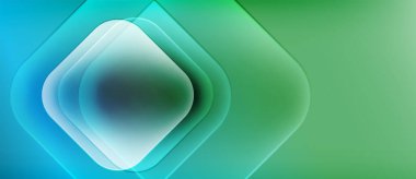 Soyut geometrik tasarım. Üst üste binen kareler derinlik yaratır, mavi, yeşil eğimleri kullanarak. Modern, temiz estetik. Minimalist kompozisyon.