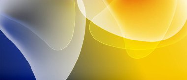 Soyut akışkan şekiller, canlı renklerin karışımı. Sarı, beyaz, mavi dinamik bileşim yaratır. Yumuşak eğimler hareketi, ışığı işaret eder.