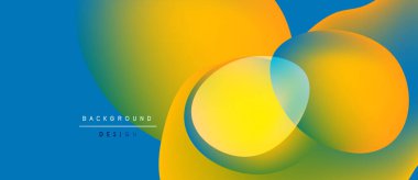 Soyut, enerjik bir arkaplan. Üst üste binen daireler, sıvı şekiller, sarı, mavi, yeşil renkler dinamik görsel efekt yaratır. Modern tasarım ögesi.