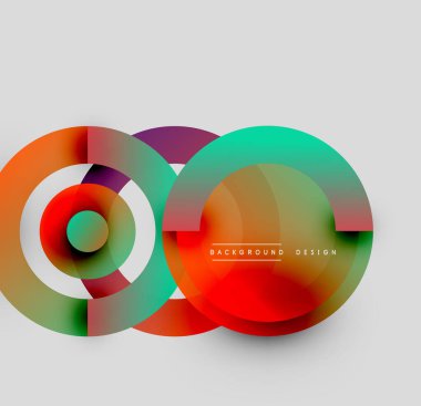 Soyut daireler örtüşüyor, canlı renk eğimleri yaratıyor. Modern tasarım elementleri dinamik görsel kompozisyon önerir.