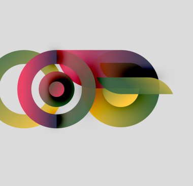 Soyut renkli çakışan daireler dinamik görsel kompozisyon oluşturur. Şekiller harmanlanır, ilgi çekici desenler oluşur, modern tasarım.