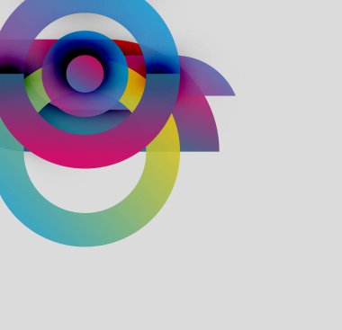 Soyut renkli daireler çakışıyor, dinamik görsel efekt yaratıyor. Gradyan renkler harmanlanarak modern tasarım ögesini oluşturur.